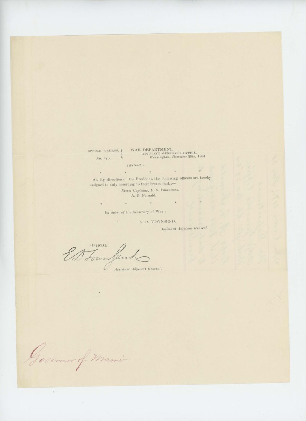 Miniature of Special Order 473 assigning Brevet Captain A.E. Fernald to duty