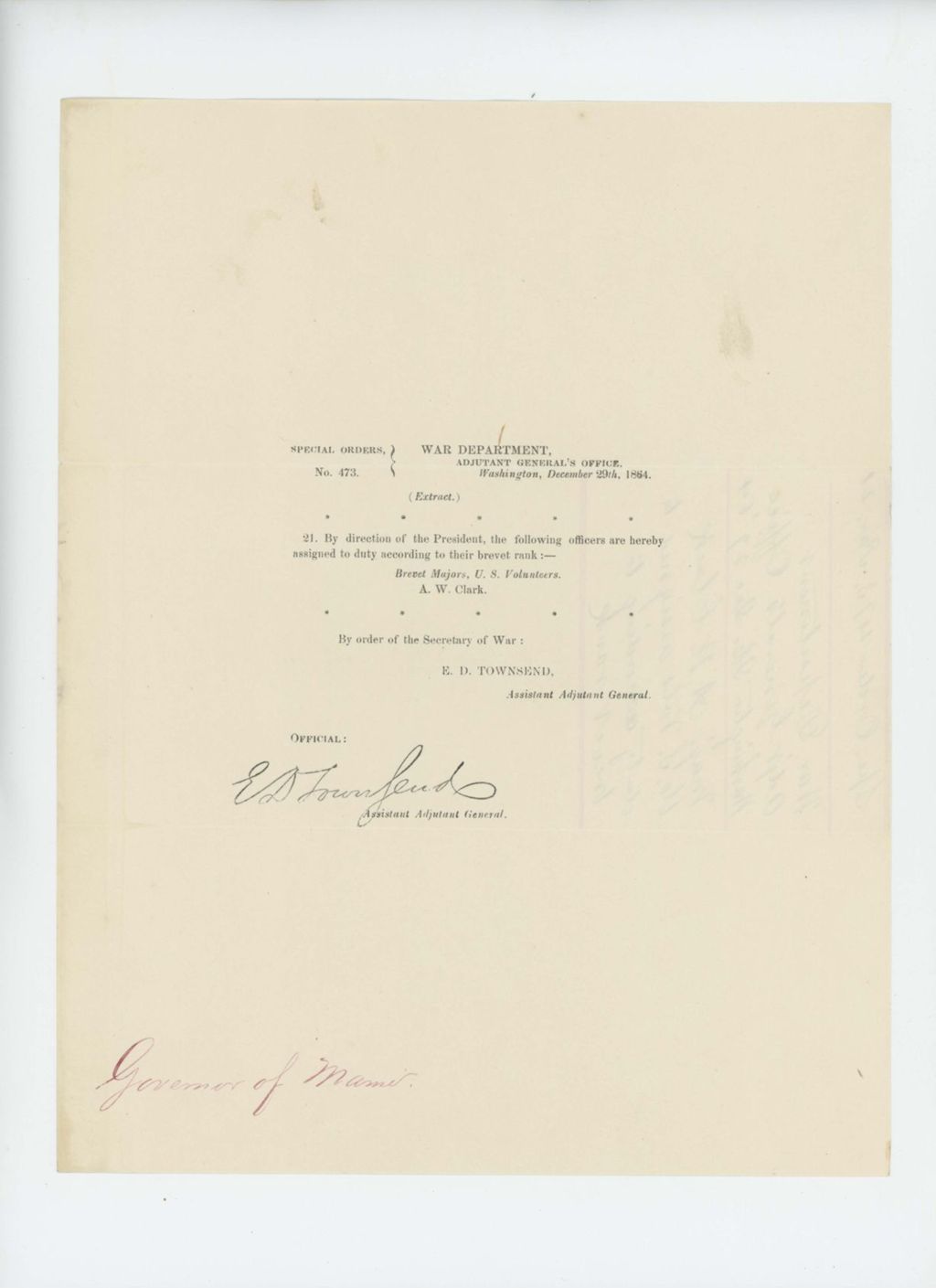 Miniature of Special Order 473 assigning Brevet Major A.W. Clark to duty