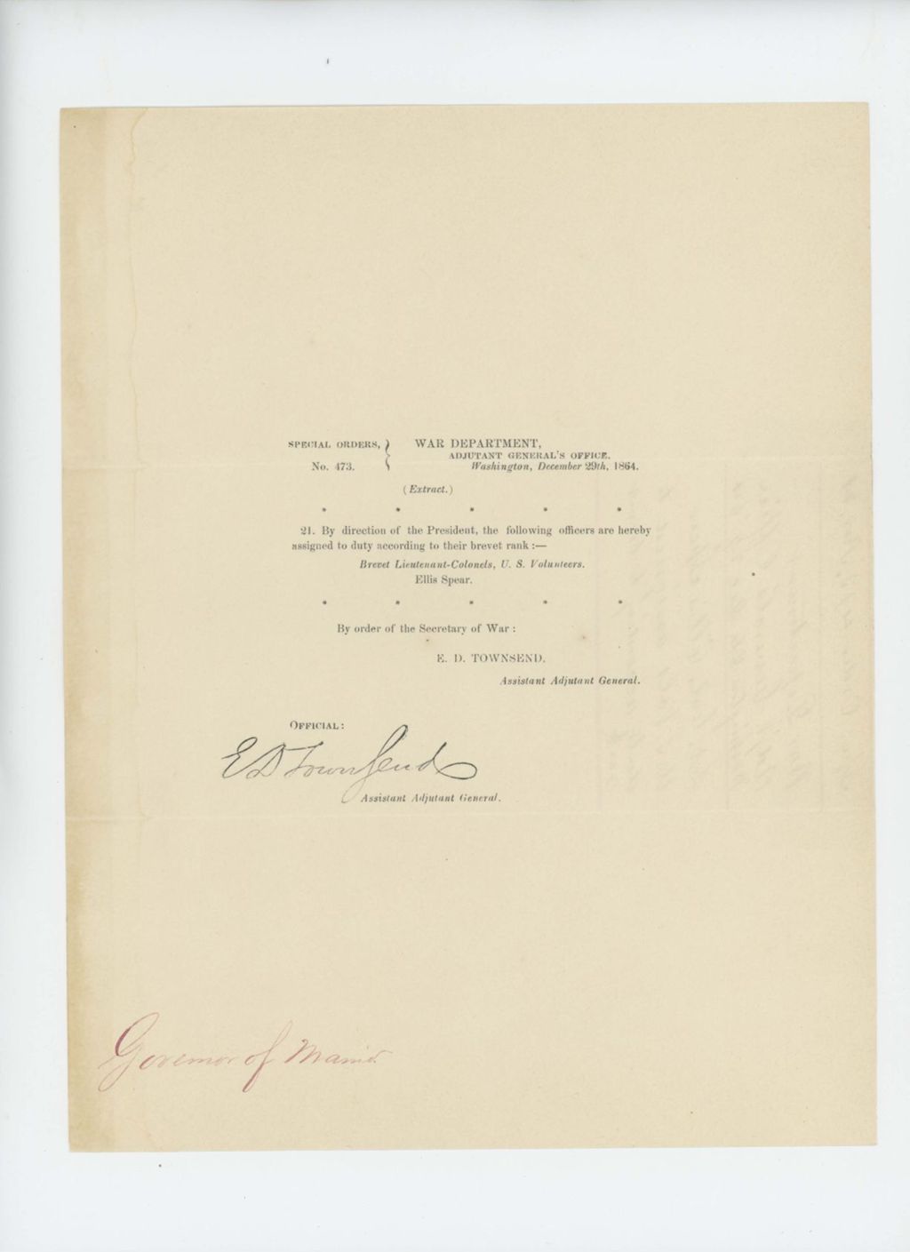 Miniature of Special Order 473 assigning Brevet Lieutenant Colonel Ellis Spear to duty