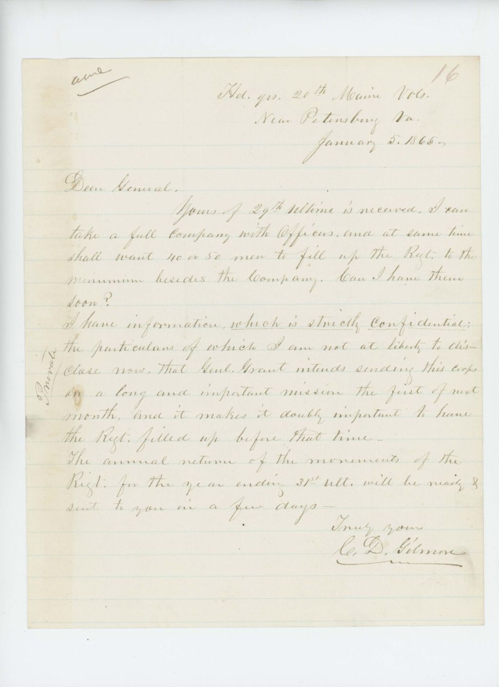Miniature of Colonel Gilmore requests men to fill the regiment and passes on confidential information