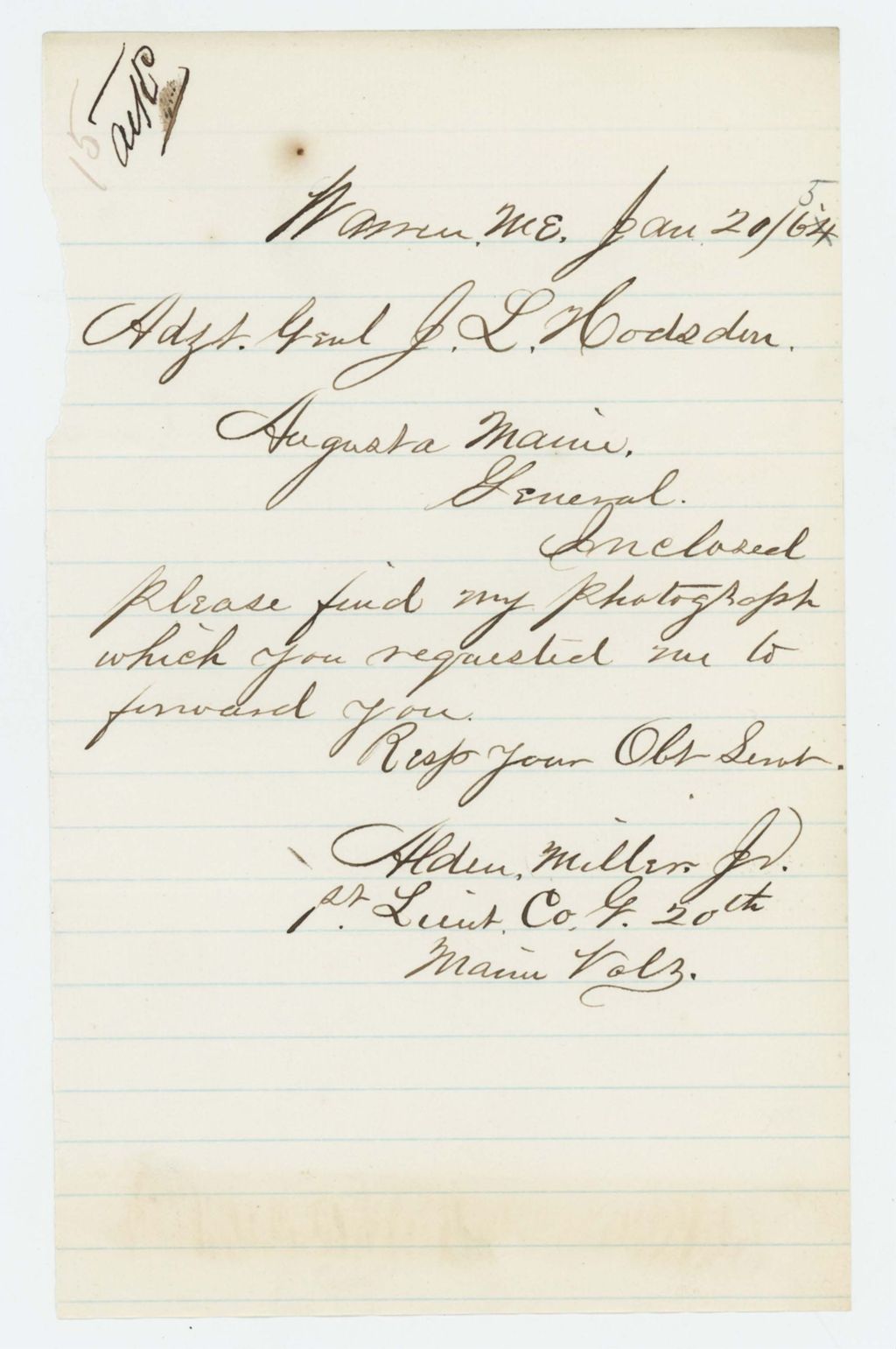 Miniature of 1st Lieutenant Alden Miller forwards his photograph to Adjutant General's office