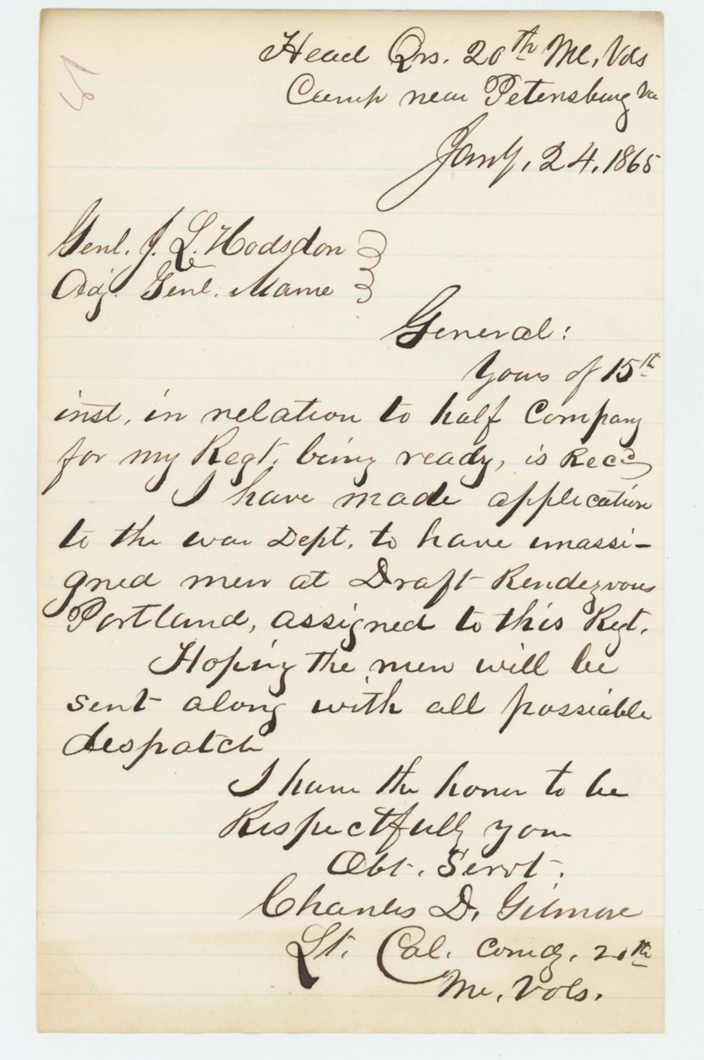 Miniature of Colonel Gilmore requests that unassigned drafted men be assigned to the 20th Maine Regiment