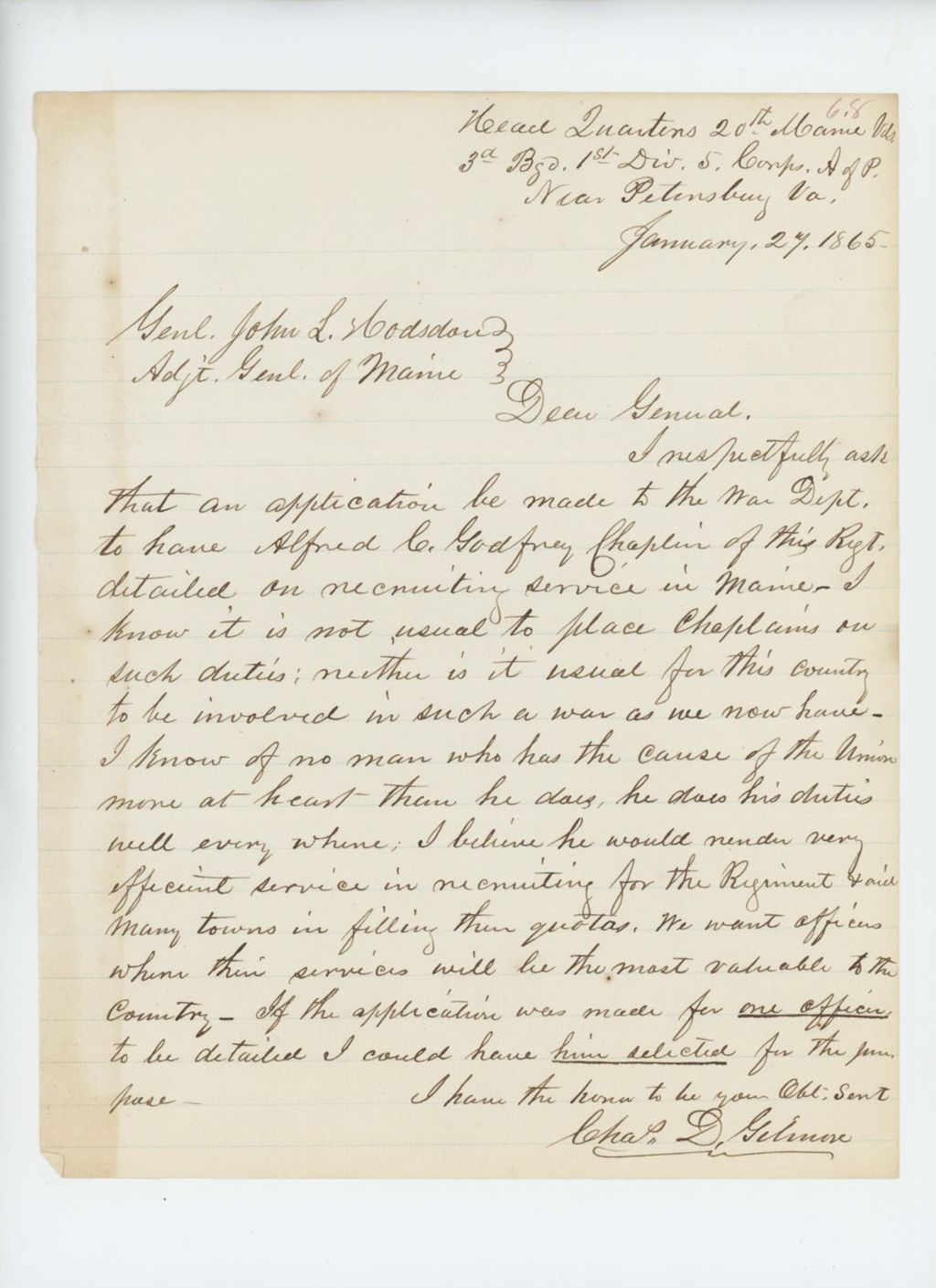 Miniature of Colonel Gilmore requests that Chaplain Alfred Godfrey be assigned as recruiting officer