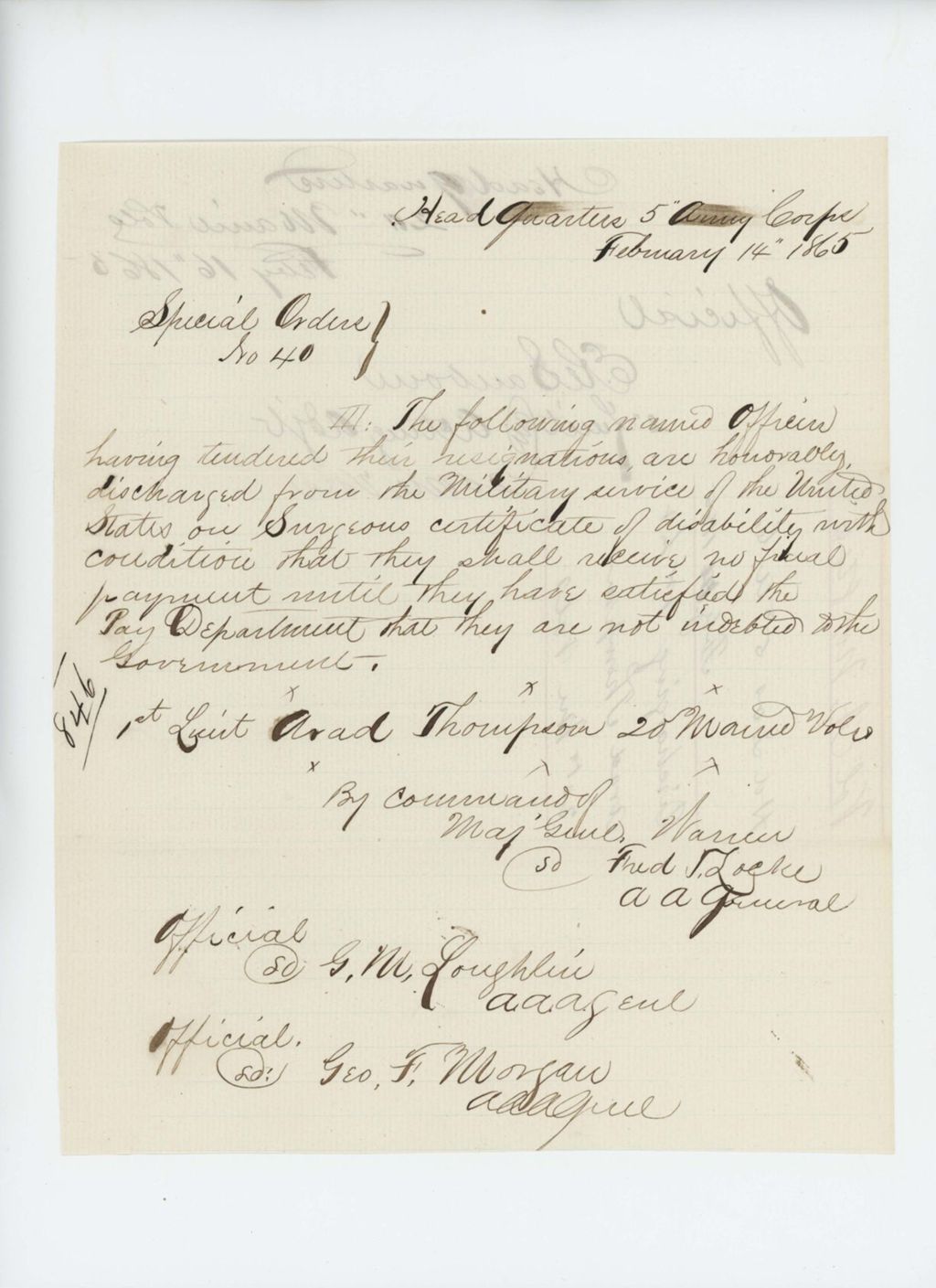 Miniature of Special Order 40 [handwritten] honorably discharging Lieutenant Arad Thompson for disability
