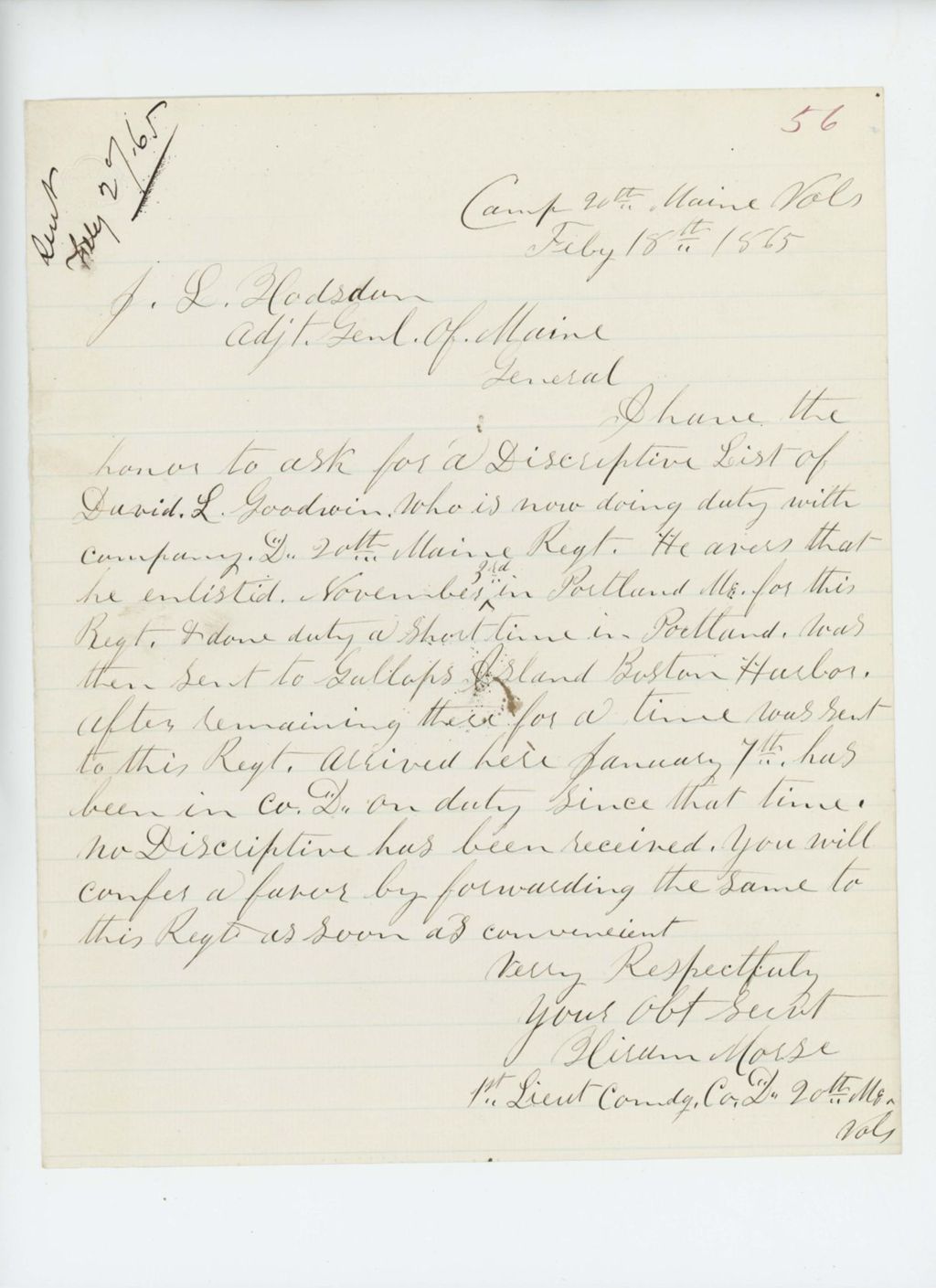 Miniature of Lieutenant Hiram Morse requests the descriptive list for David L. Goodwin