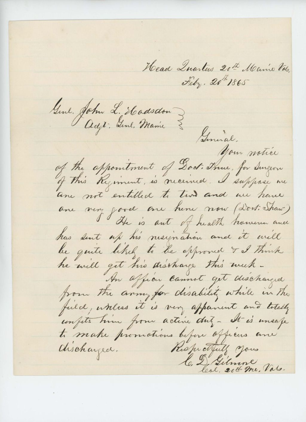 Miniature of Colonel Gilmore receives notice of appointment of Dr. True as surgeon