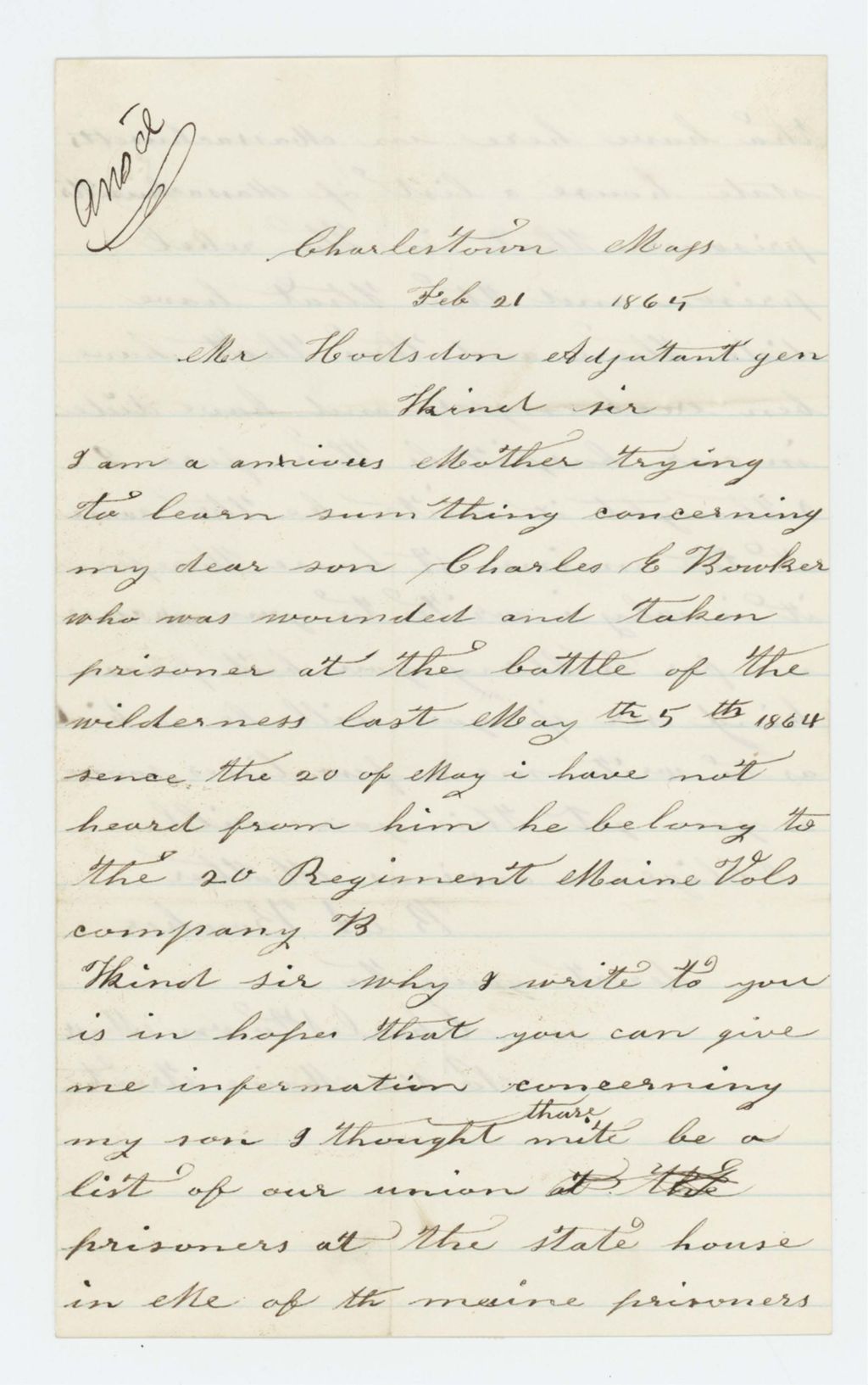 Miniature of Mrs. B.A. Bowker inquires about her son Charles, who disappeared at the Battle of the Wilderness in 1864