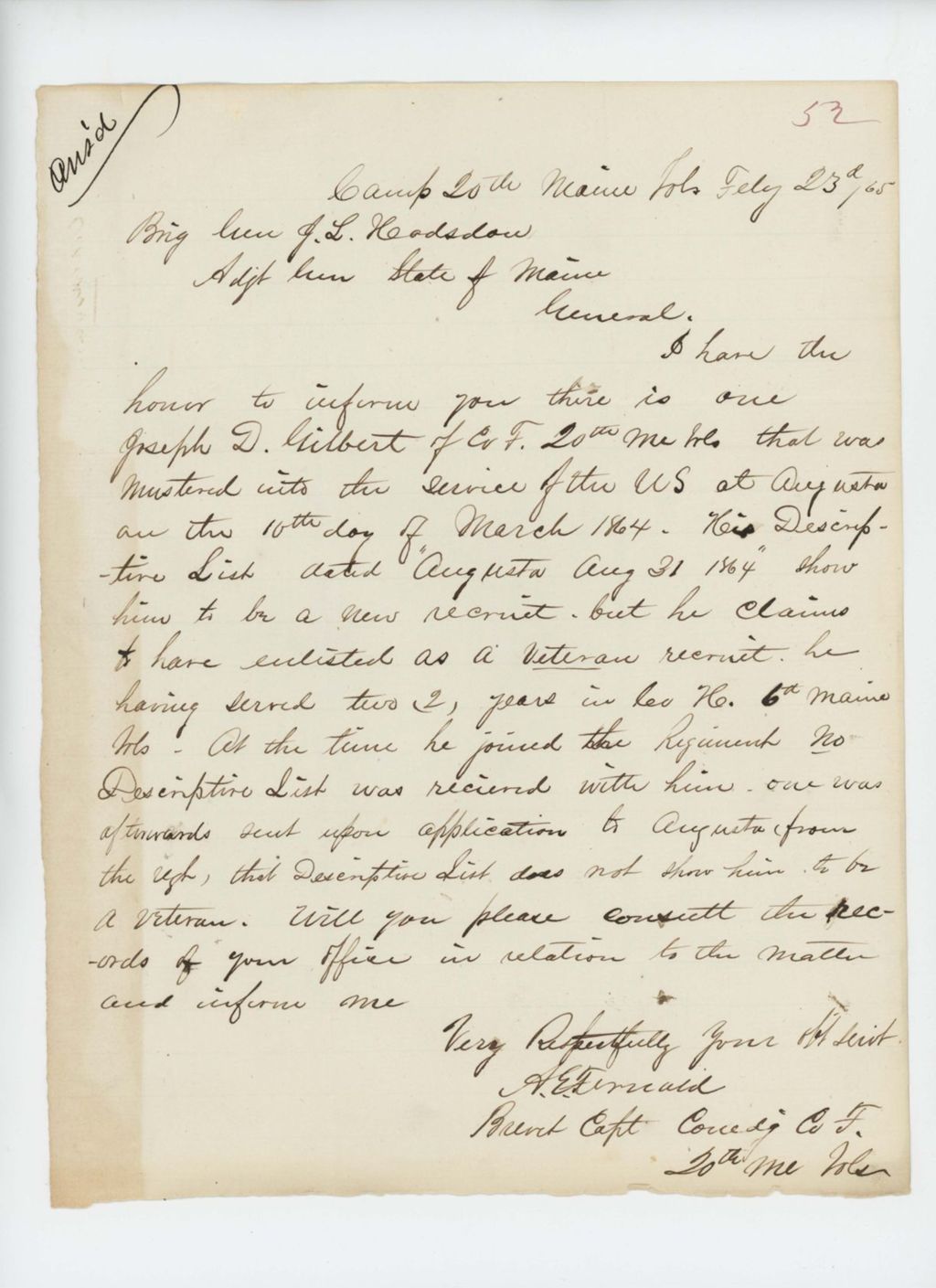 Miniature of Brevet Captain A.E. Fernald requests information on enlistment of Joseph D. Gilbert, Company F