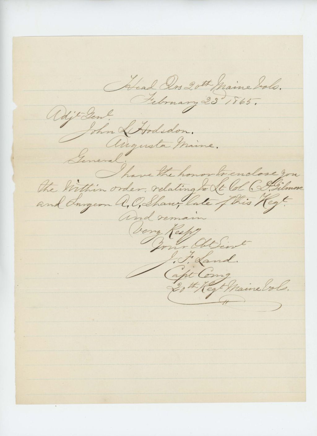 Miniature of Captain Land sends order regarding Lieutenant Colonel Gilmore and Surgeon A.O. Shaw