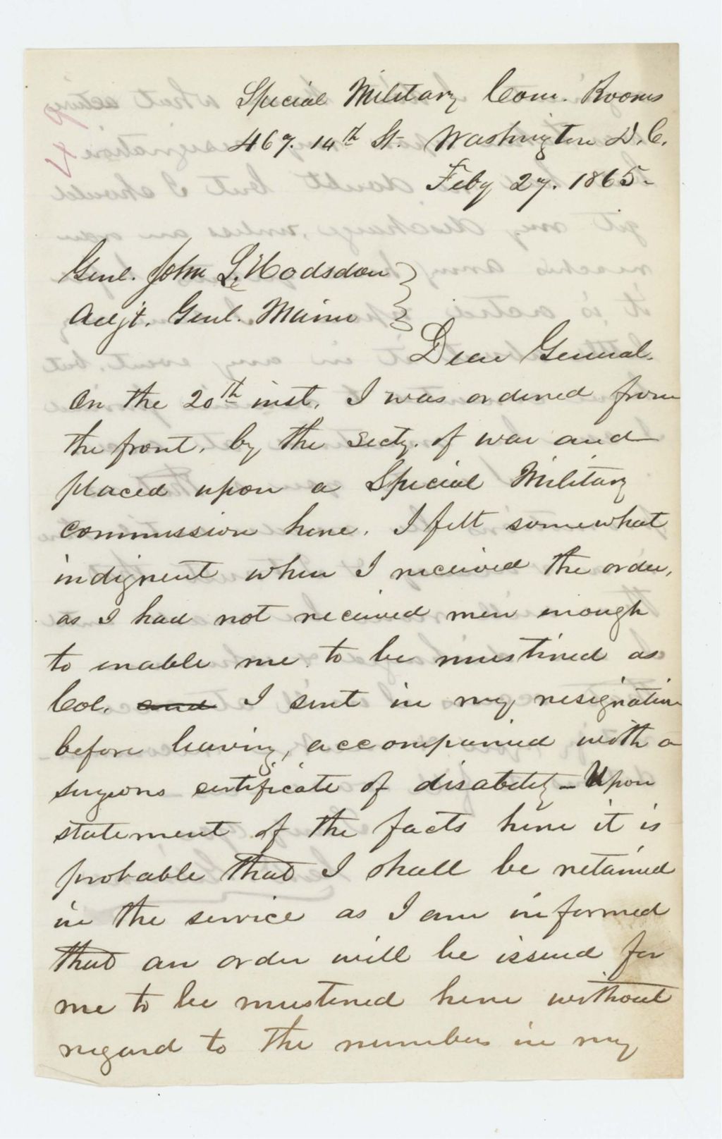 Miniature of Charles Gilmore writes Adjutant General Hodsdon regarding his discharge