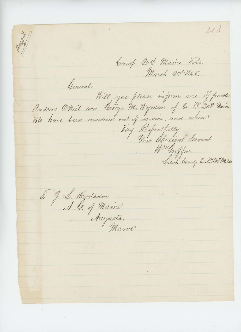 Miniature of Lieutenant William Griffin asks if Andrew O'Neil and George M. Wyman have been mustered out