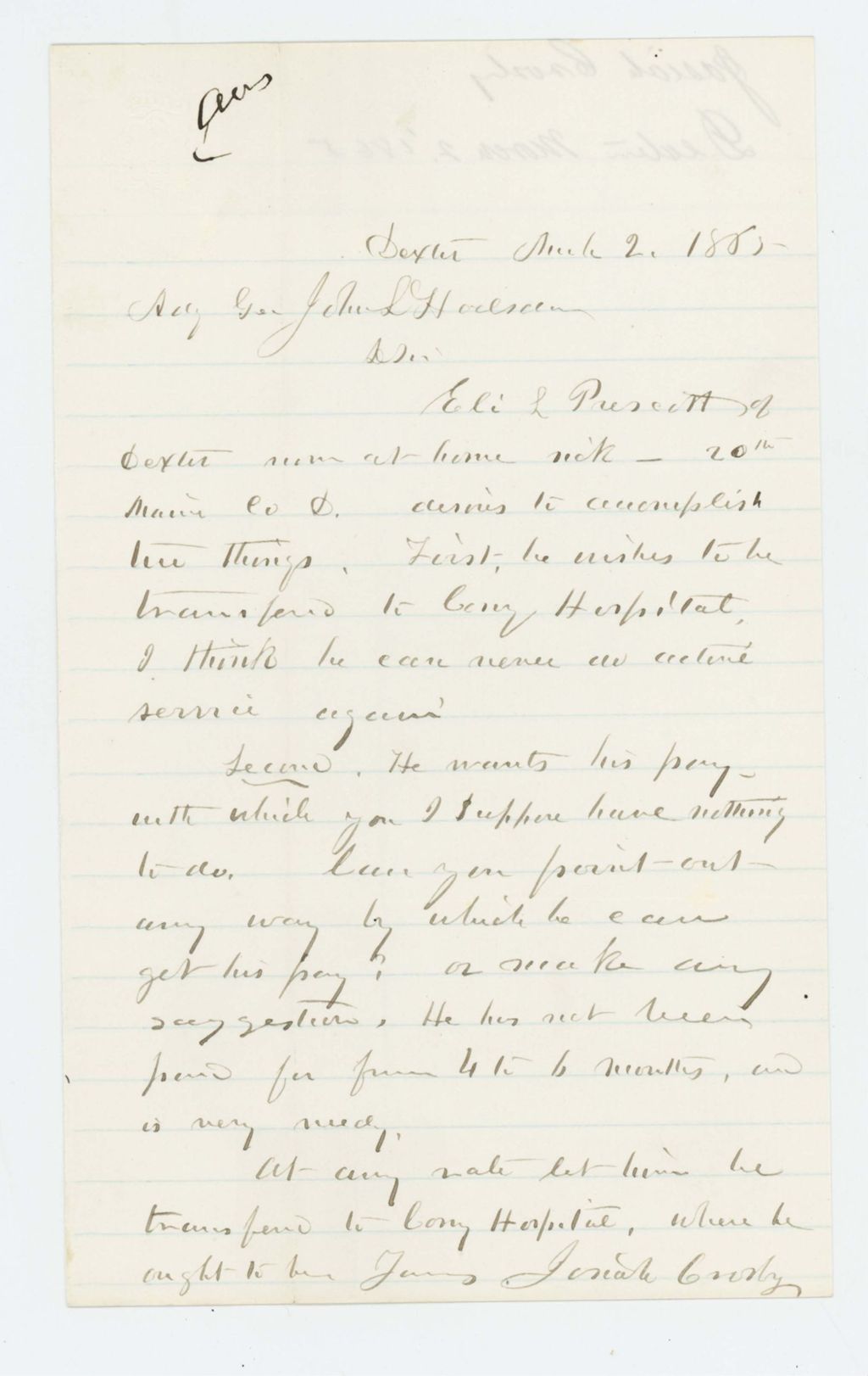 Miniature of Josiah Crosby writes on behalf of Eli L. Prescott of Dexter who wishes to be transferred to Cony Hospital