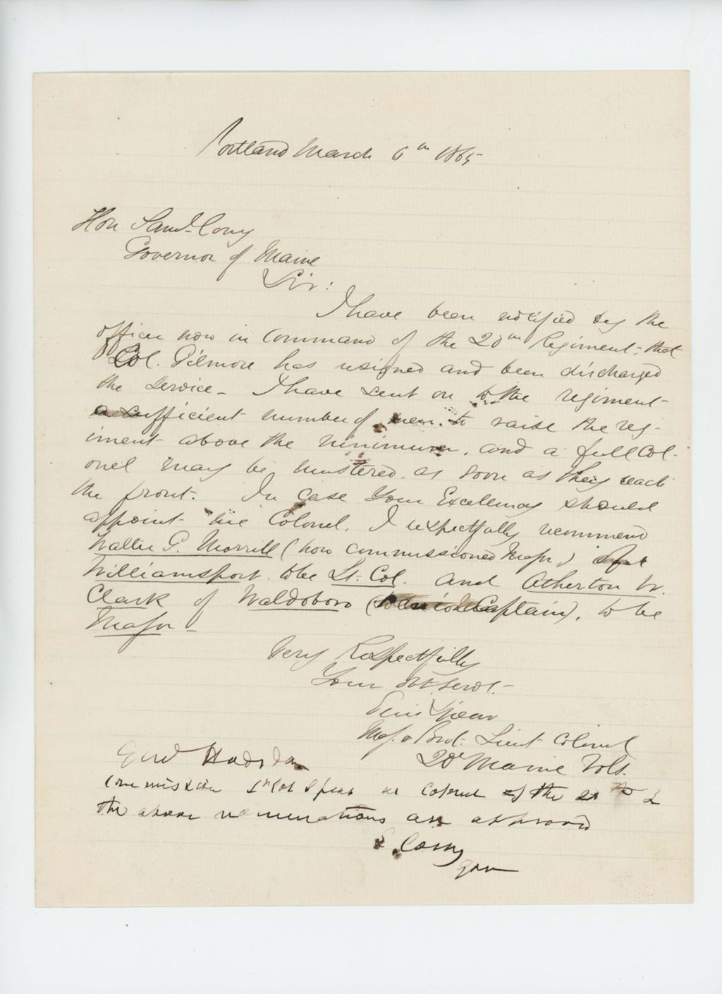 Miniature of Ellis Spear recommends Walter Morrill and Atherton W. Clark for promotion