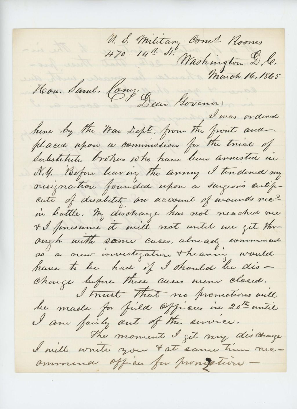 Miniature of Charles Gilmore writes Governor Cony about his discharge and requests no promotions be made until he is out of service