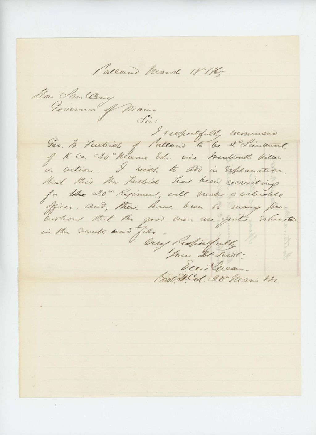 Miniature of Brevet Lt. Colonel Ellis Spear recommends George Furbish for promotion