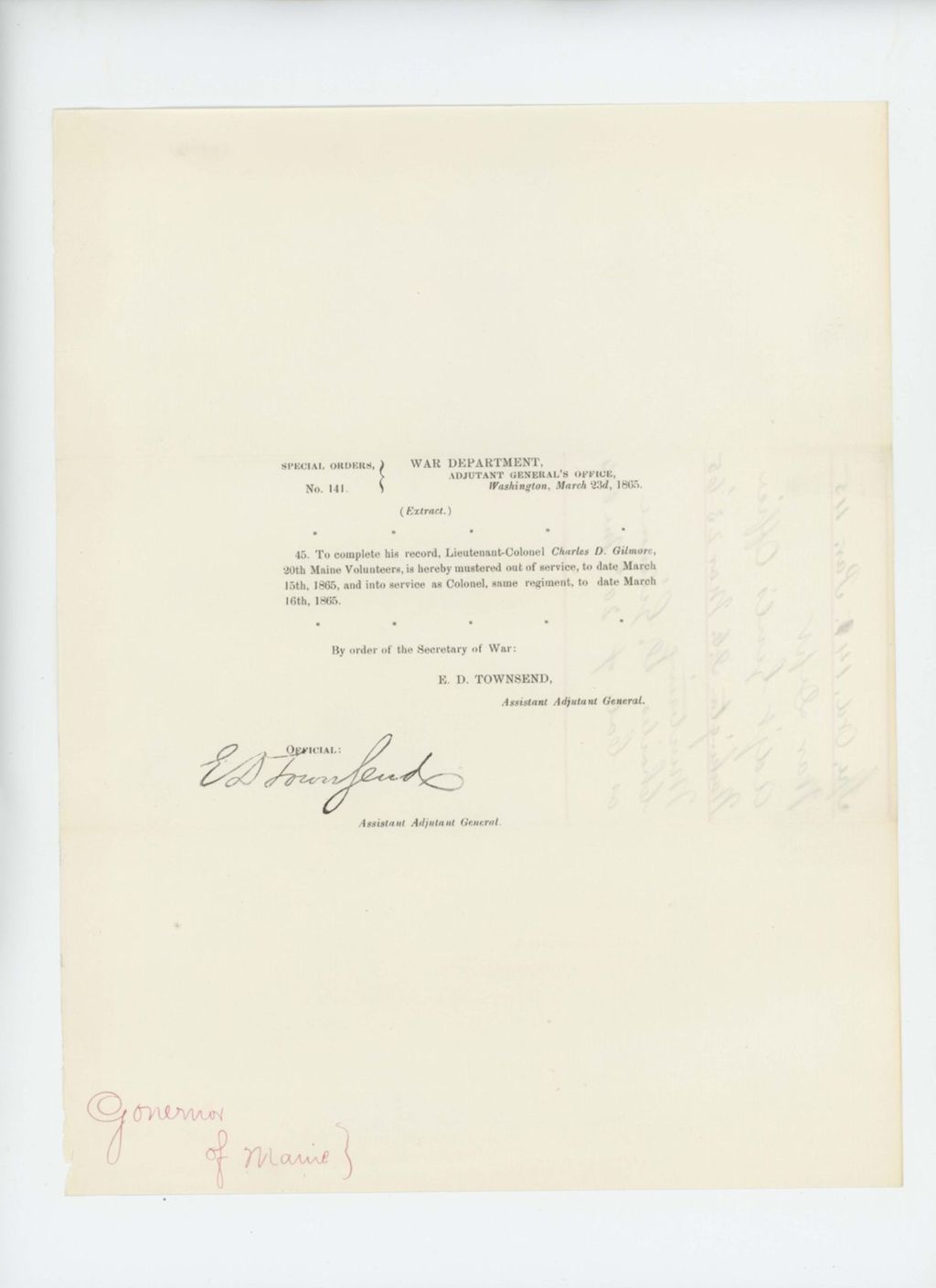 Miniature of Special Order 141 [official copy] mustering Charles Gilmore out of service as Lieutenant Colonel, and mustering him back in as Colonel