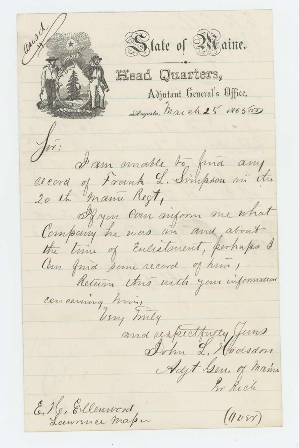 Miniature of Adjutant General Hodsdon replies to E.H. Ellenwood regarding Frank L. Simpson