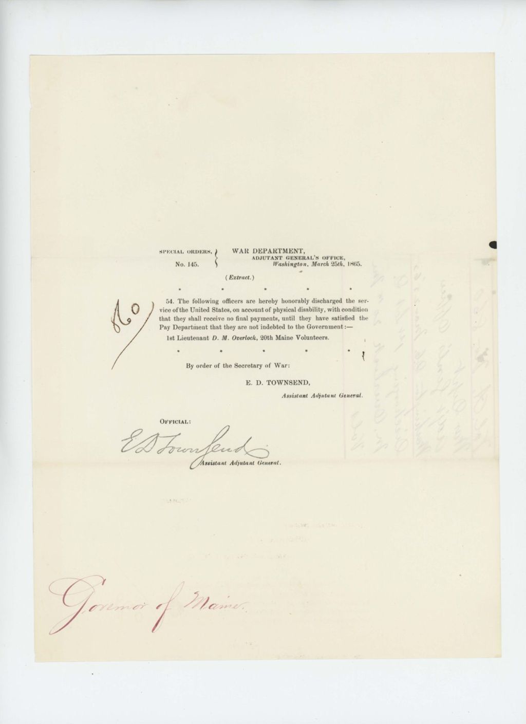 Miniature of Special Order 145 honorably discharging Lieutenant D.M. Overlock