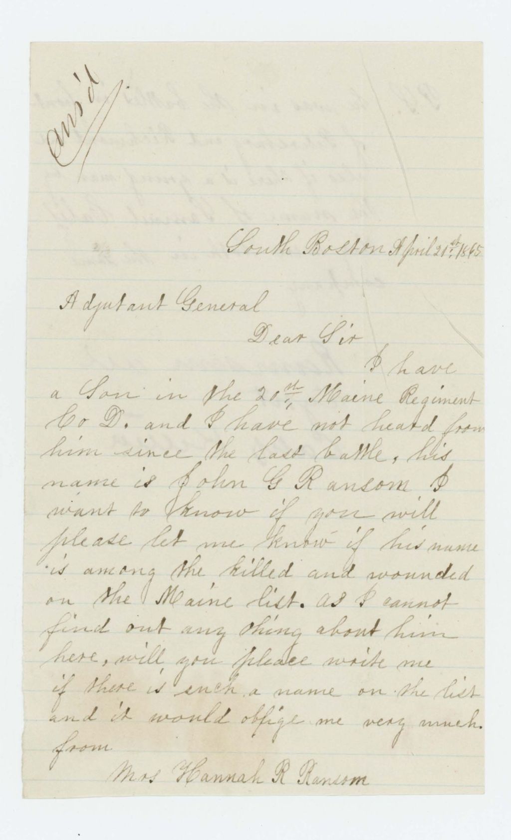 Miniature of Hannah Ransom inquires if her son John Ransom is alive, along with Samuel Calef [Califf]