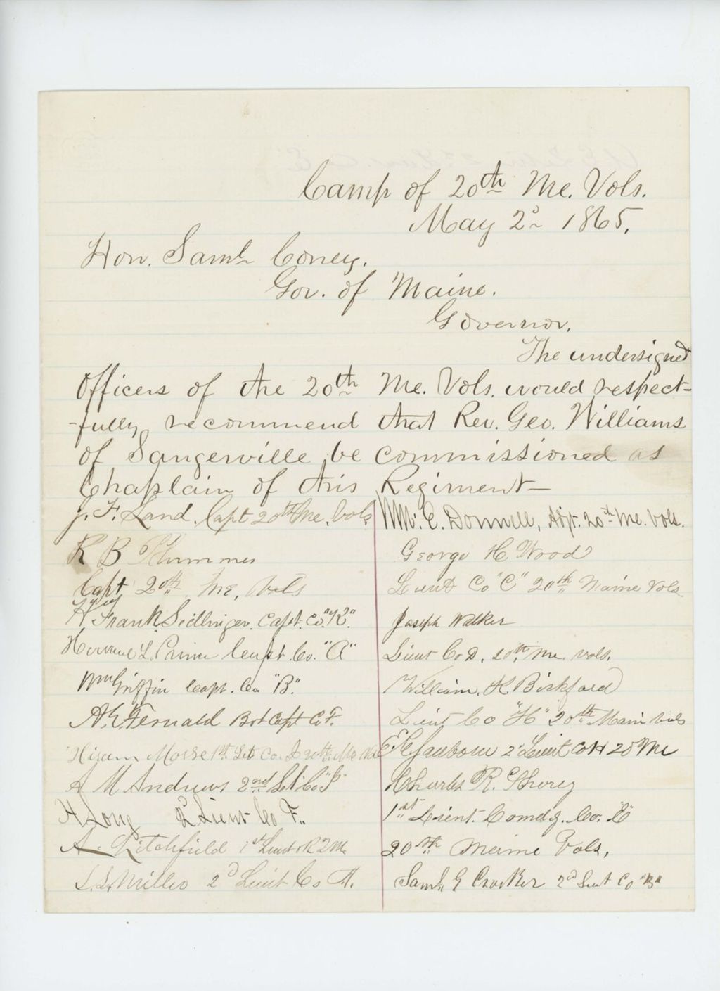 Miniature of Captain J.F. Land and other officers recommend Reverend George Williams be commissioned as chaplain