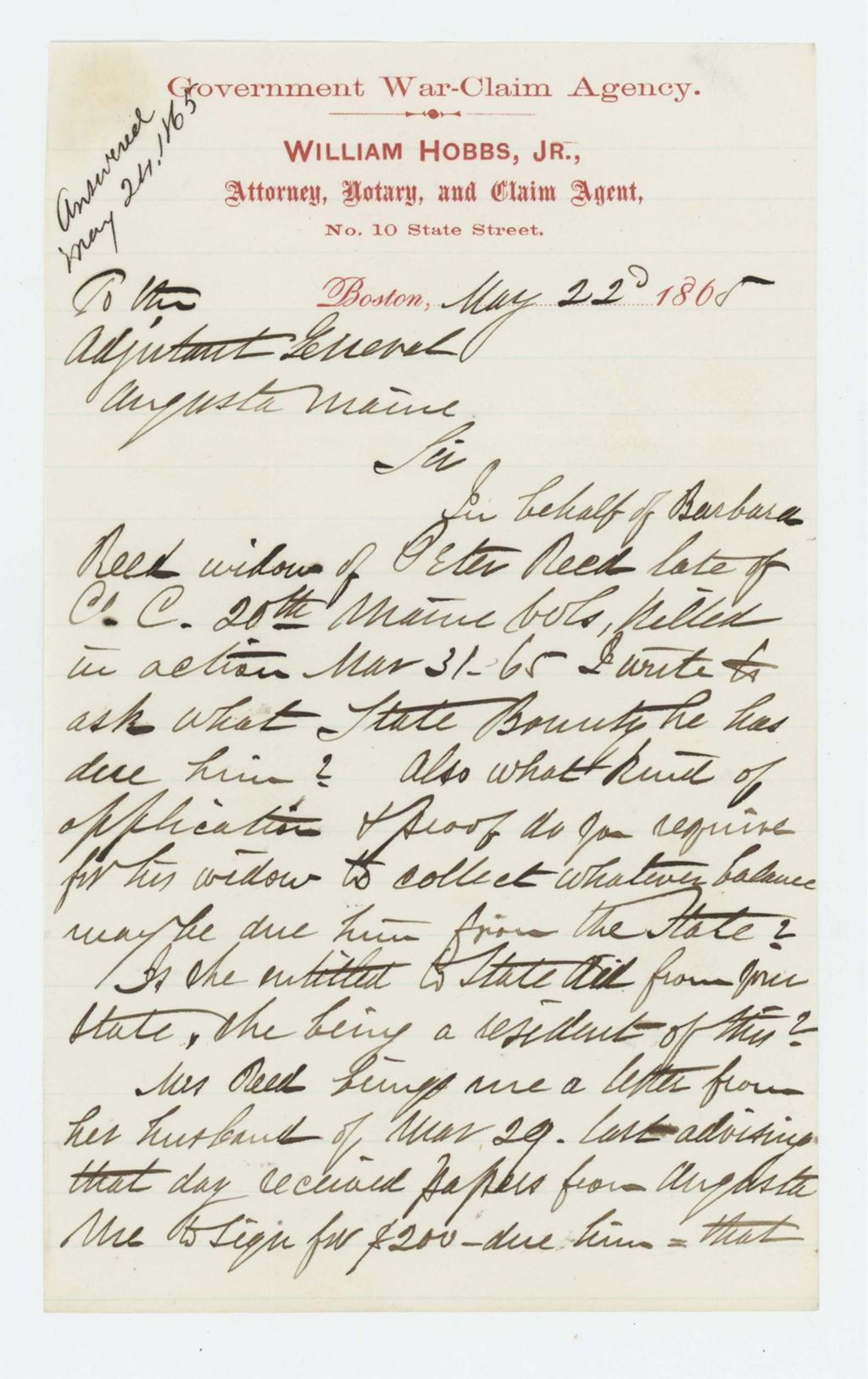 Miniature of William Hobbs, Jr. inquires about state bounty for Barbara Reed, widow of Peter Reed
