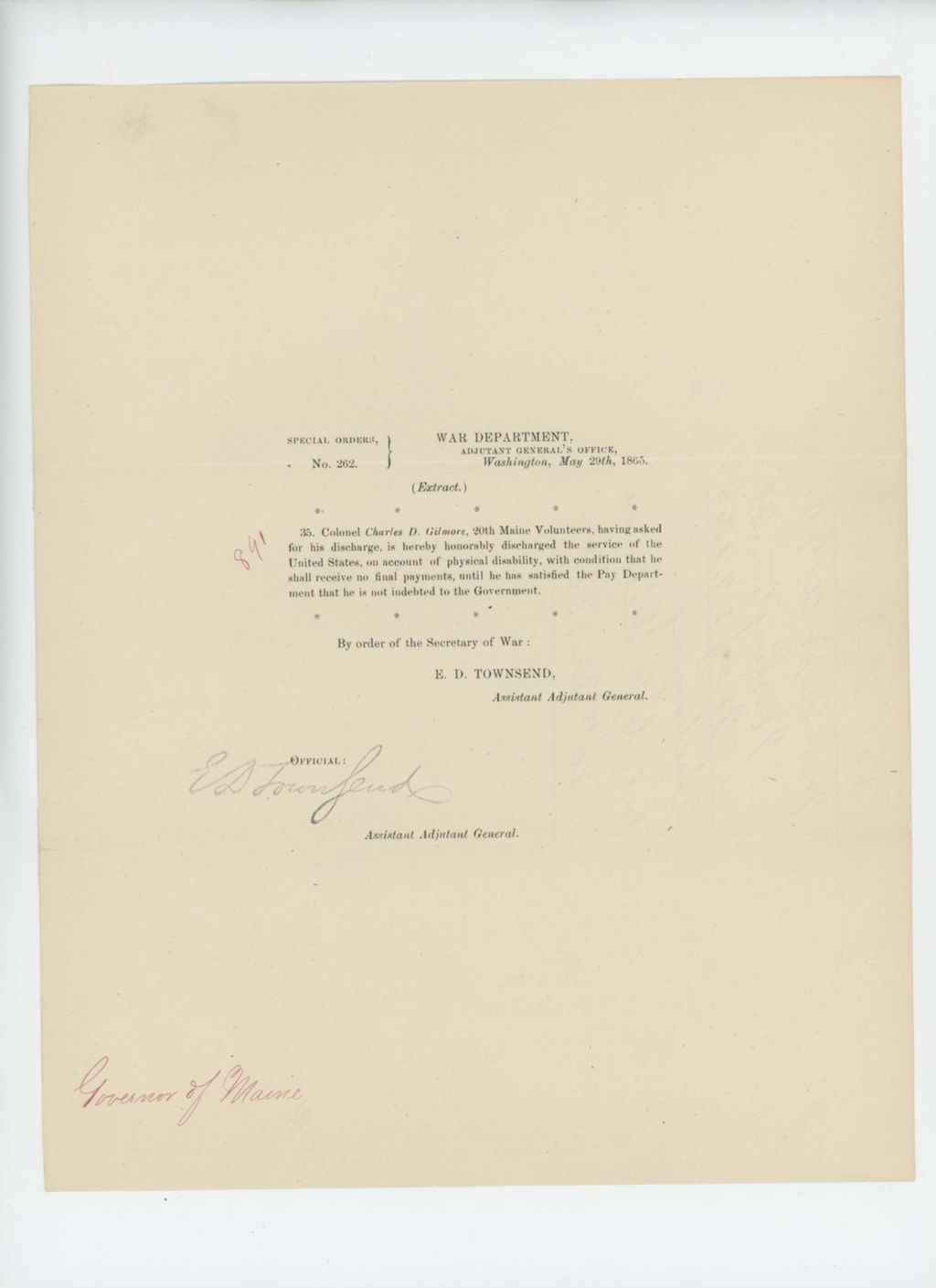 Miniature of Special Order 262 honorably discharging Colonel Charles D. Gilmore from service