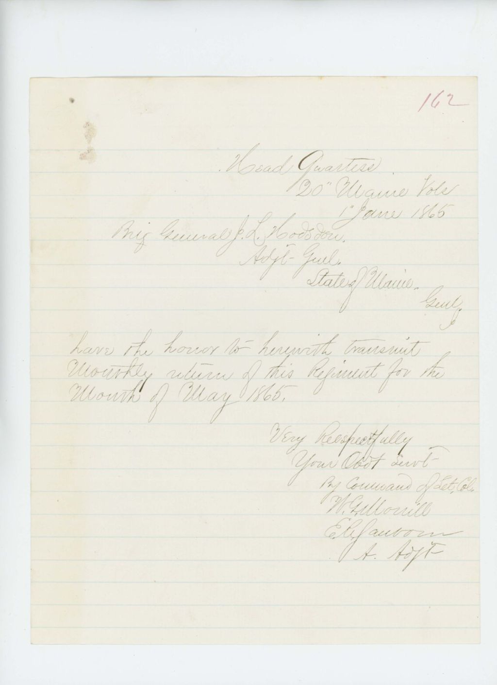 Miniature of Lieutenant Colonel Walter Morrill sends May 1865 monthly return