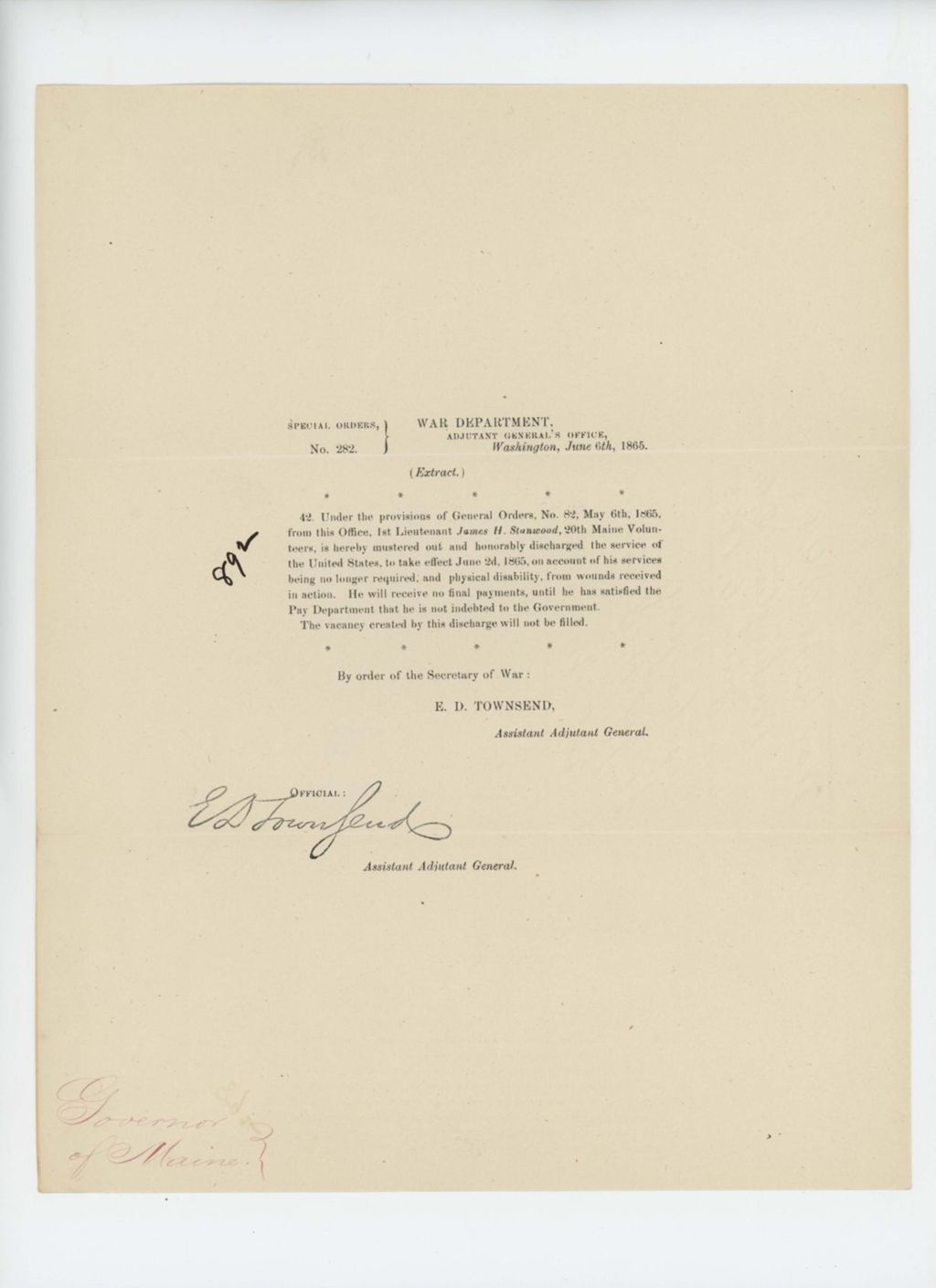 Miniature of Special Order 282 honorably discharging Lieutenant James H. Stanwood from service