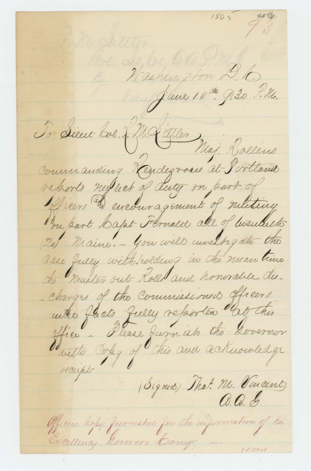 Miniature of Adjutant Thomas M. Vincent requests investigation into reported neglect of duty by officers, and encouragement of mutiny by Captain Fernald