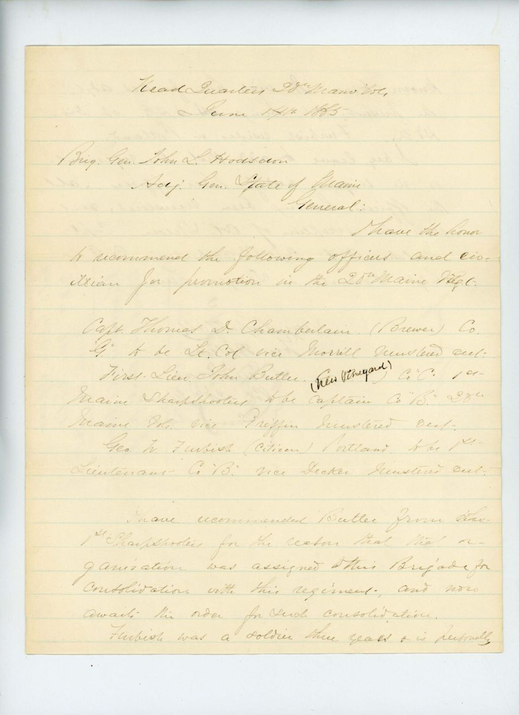 Miniature of Colonel Ellis Spear recommends Thomas Chamberlain, John Butler, and George Furbish for promotion