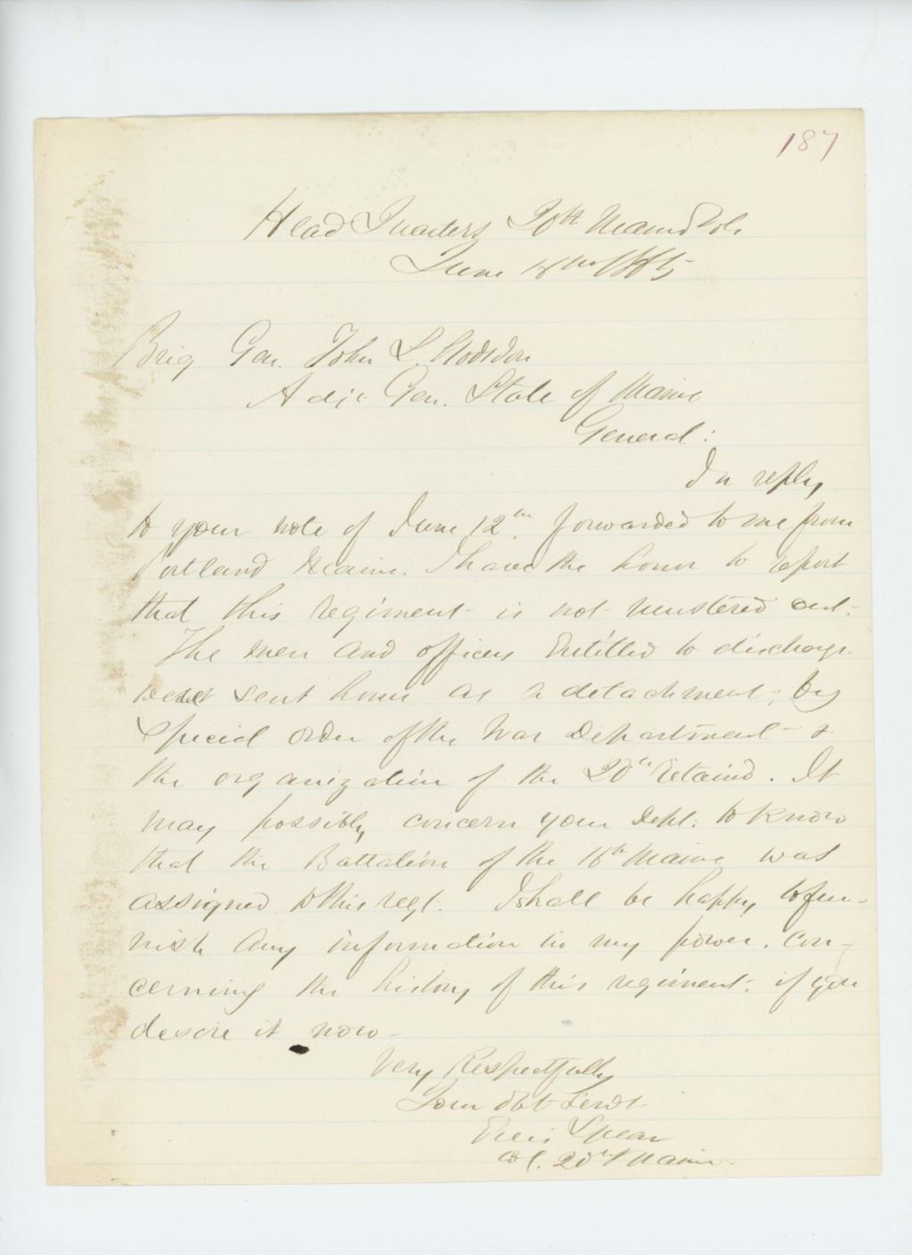 Miniature of Colonel Ellis Spear reports that the regiment has not yet been mustered out