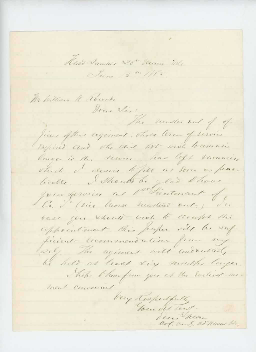 Miniature of Colonel Ellis Spear invites William Rounds to be 1st Lieutenant