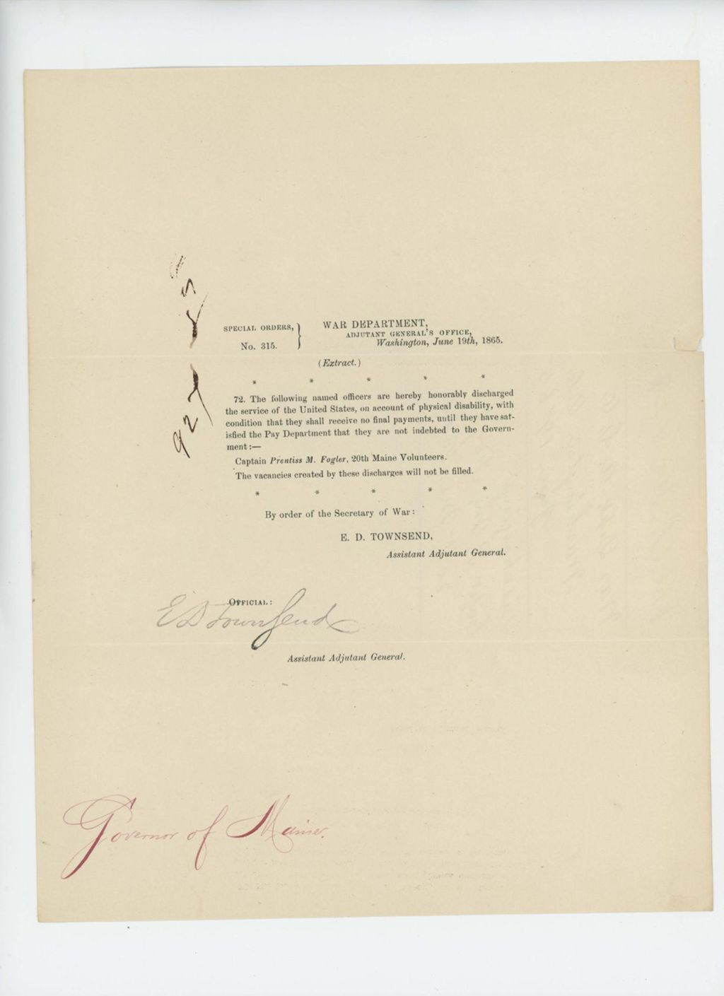 Miniature of Special Order 315 discharging Captain Prentiss M. Fogler from service