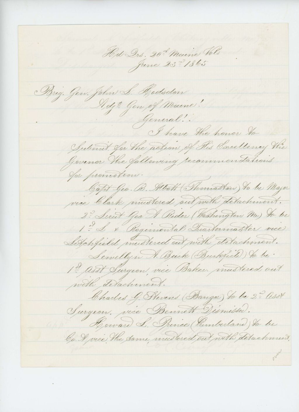 Miniature of Colonel Spear makes recommendations for promotion to Governor Cony