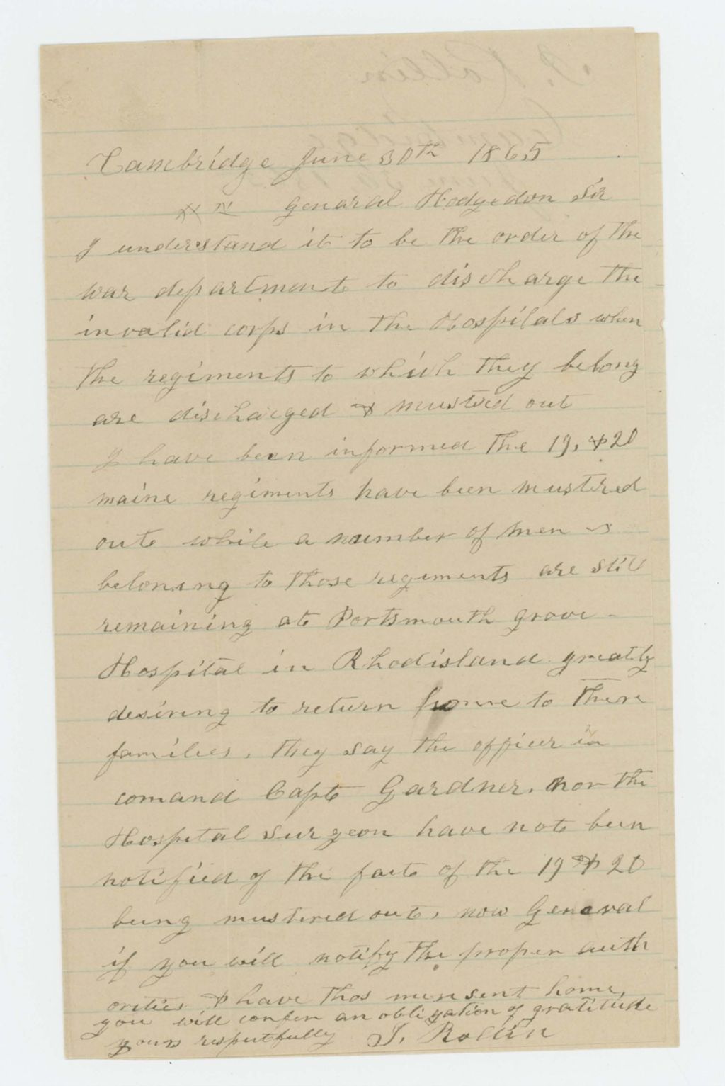 Miniature of I. Rollin requests that the hospital surgeon be notified of the mustering out of the regiment, so that he and others may be discharged home