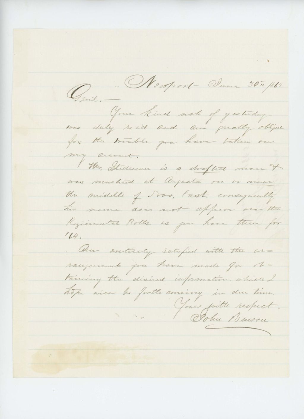 Miniature of John Benson requests information on regimental rolls