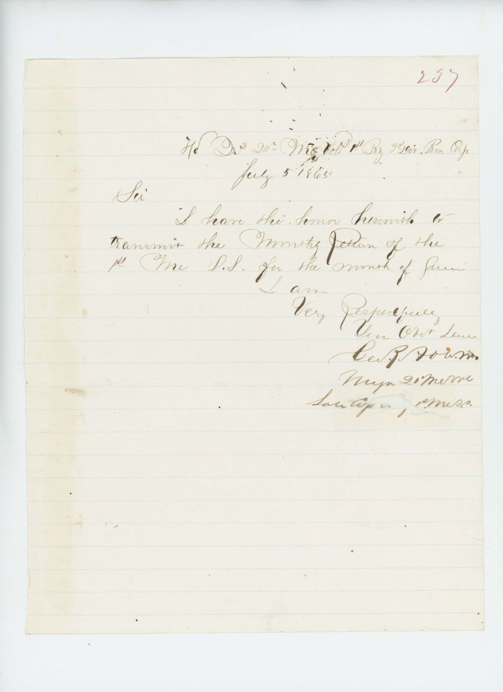 Miniature of Major George R. Abbot sends the June 1865 monthly return
