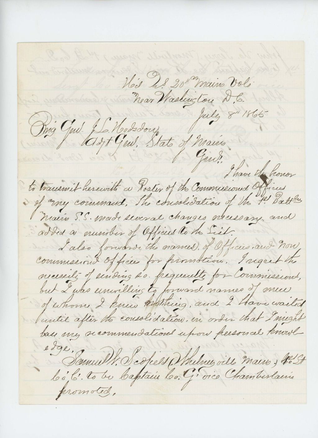 Miniature of Colonel Spear sends the roster of commissioned officers and suggests promotions