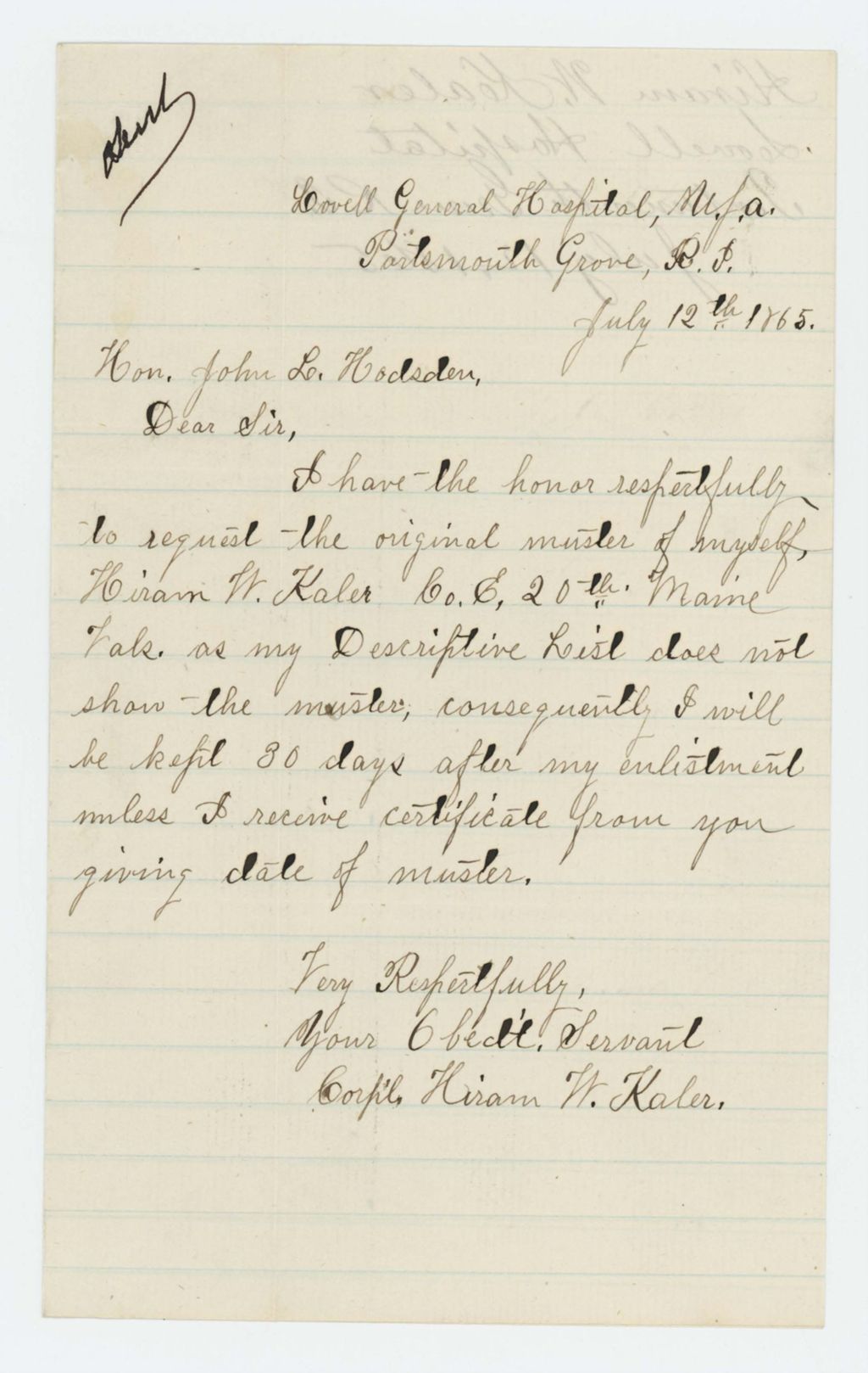 Miniature of Corporal Hiram W. Kaler requests his muster in order to receive discharge