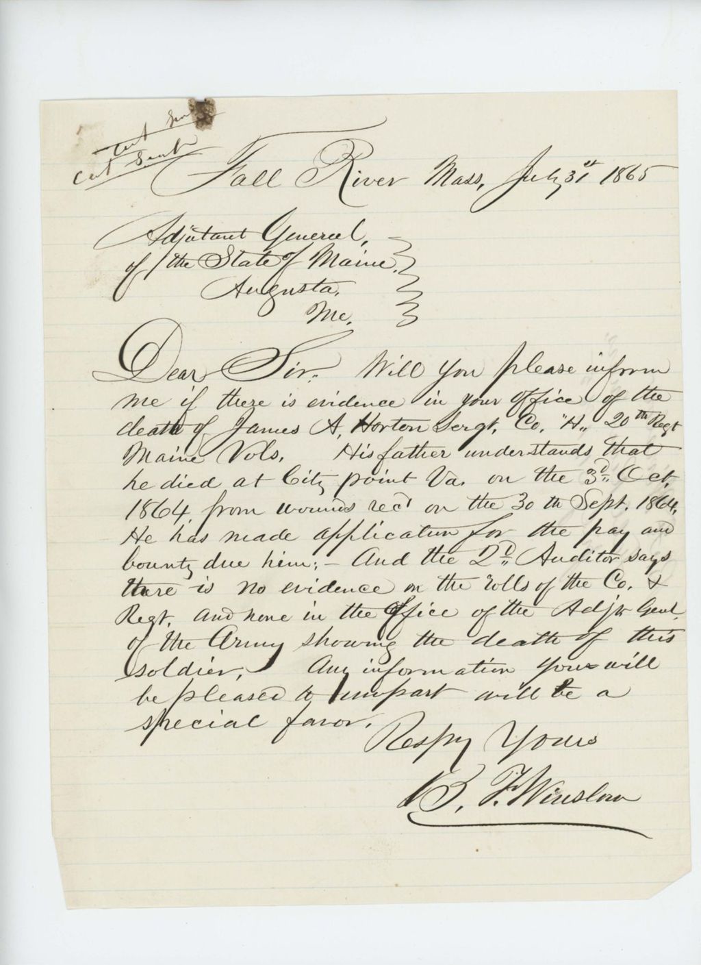 Miniature of B.F. Winslow requests evidence of the death of Sergeant James A. Horton