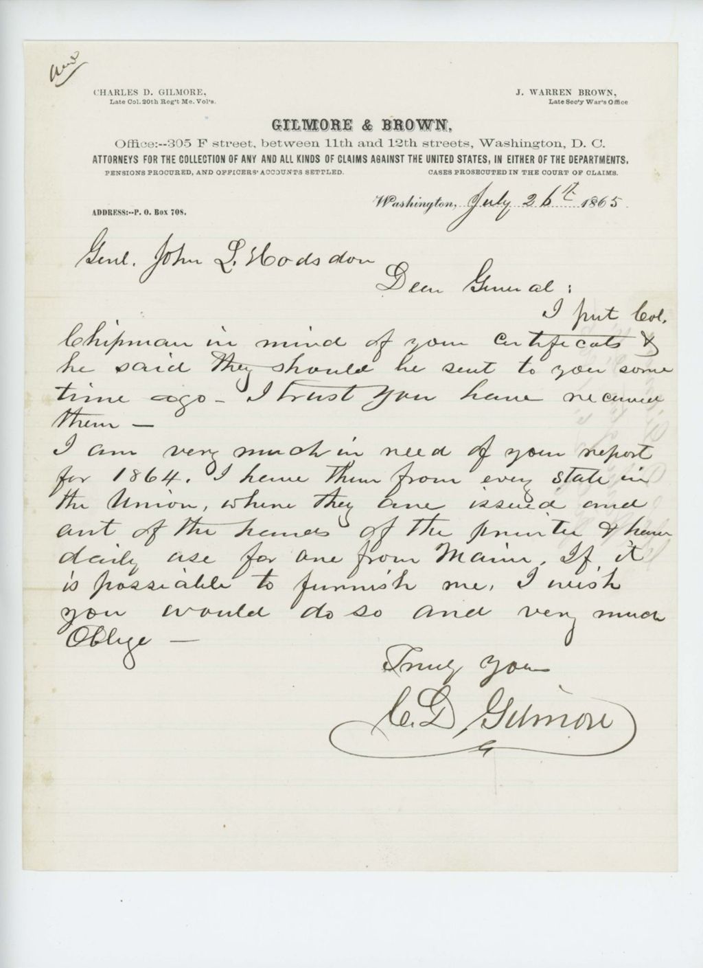 Miniature of Charles Gilmore writes Adjutant General Hodsdon requesting the 1864 annual report