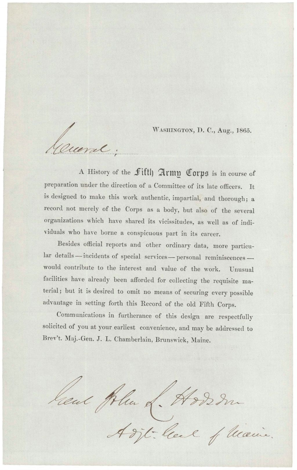 Miniature of Chamberlain writes to John Hodsdon regarding history of 5th Army Corps