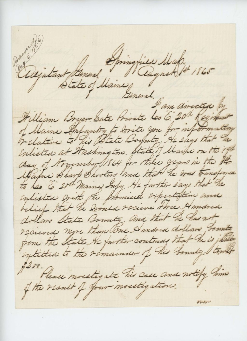 Miniature of J.W. Holmes, Adjutant 27th Massachusetts Volunteers, requests information on behalf of William Bryer