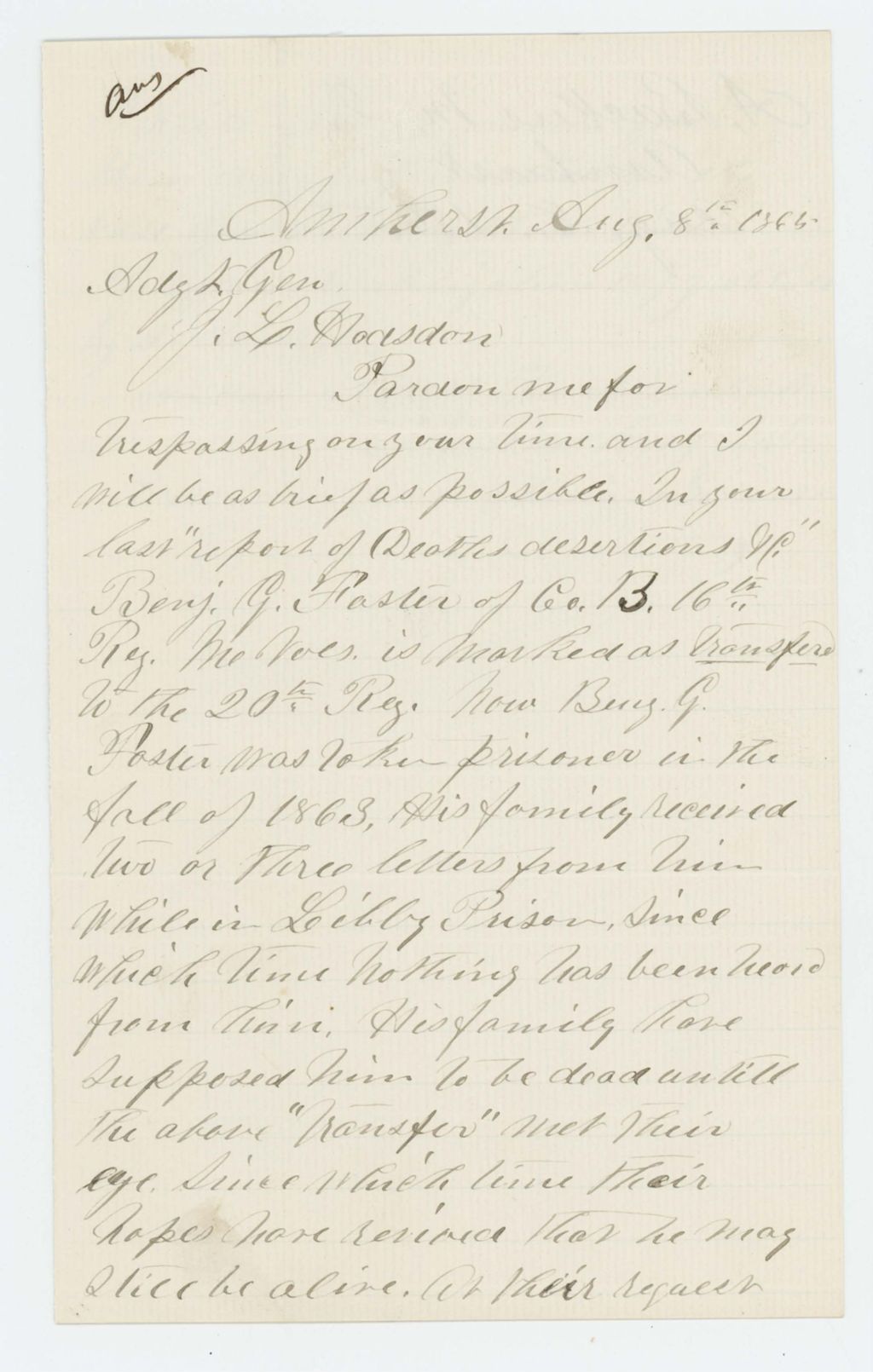 Miniature of Dr. A. Backus requests information whether Benjamin G. Foster, Company B, survived imprisonment in Libby Prison
