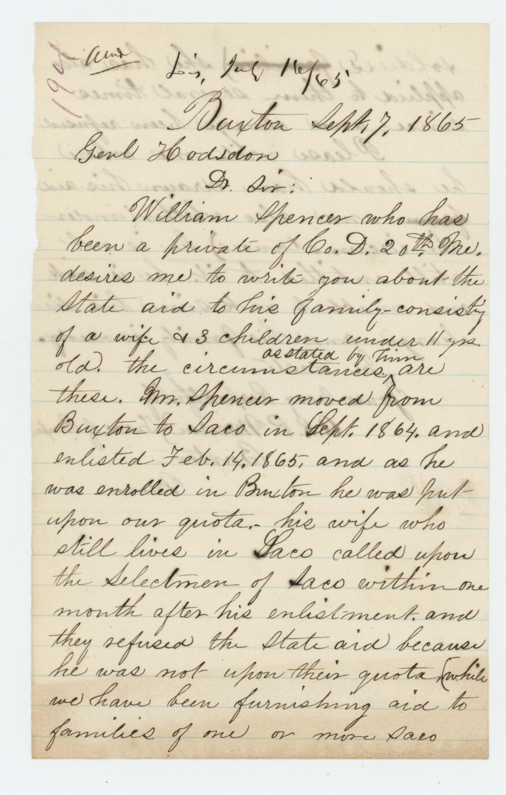 Miniature of A.K.P Meserve inquires about state aid for William Spencer of Buxton
