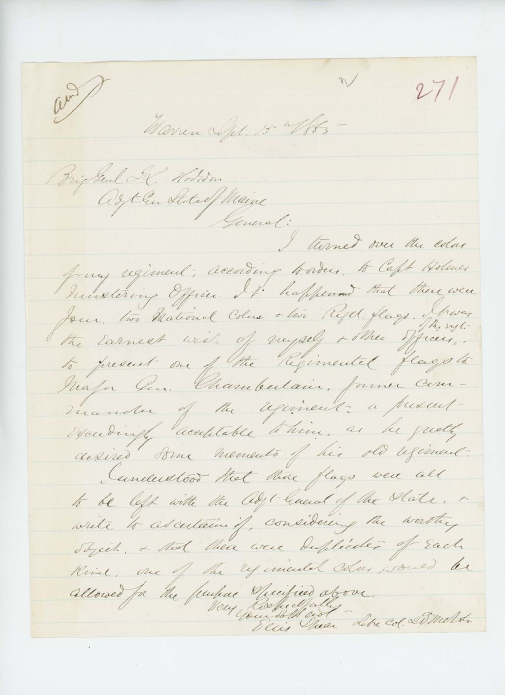Miniature of Colonel Ellis Spear requests to present one of the regimental flags to Major General Joshua Chamberlain