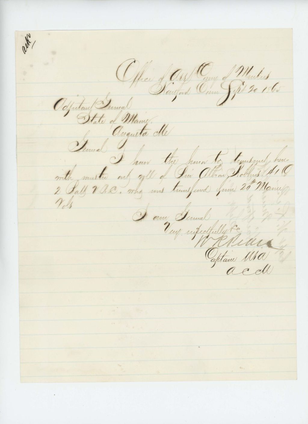 Miniature of Captain W. R. P. sends muster-out roll of Private A. Robbins