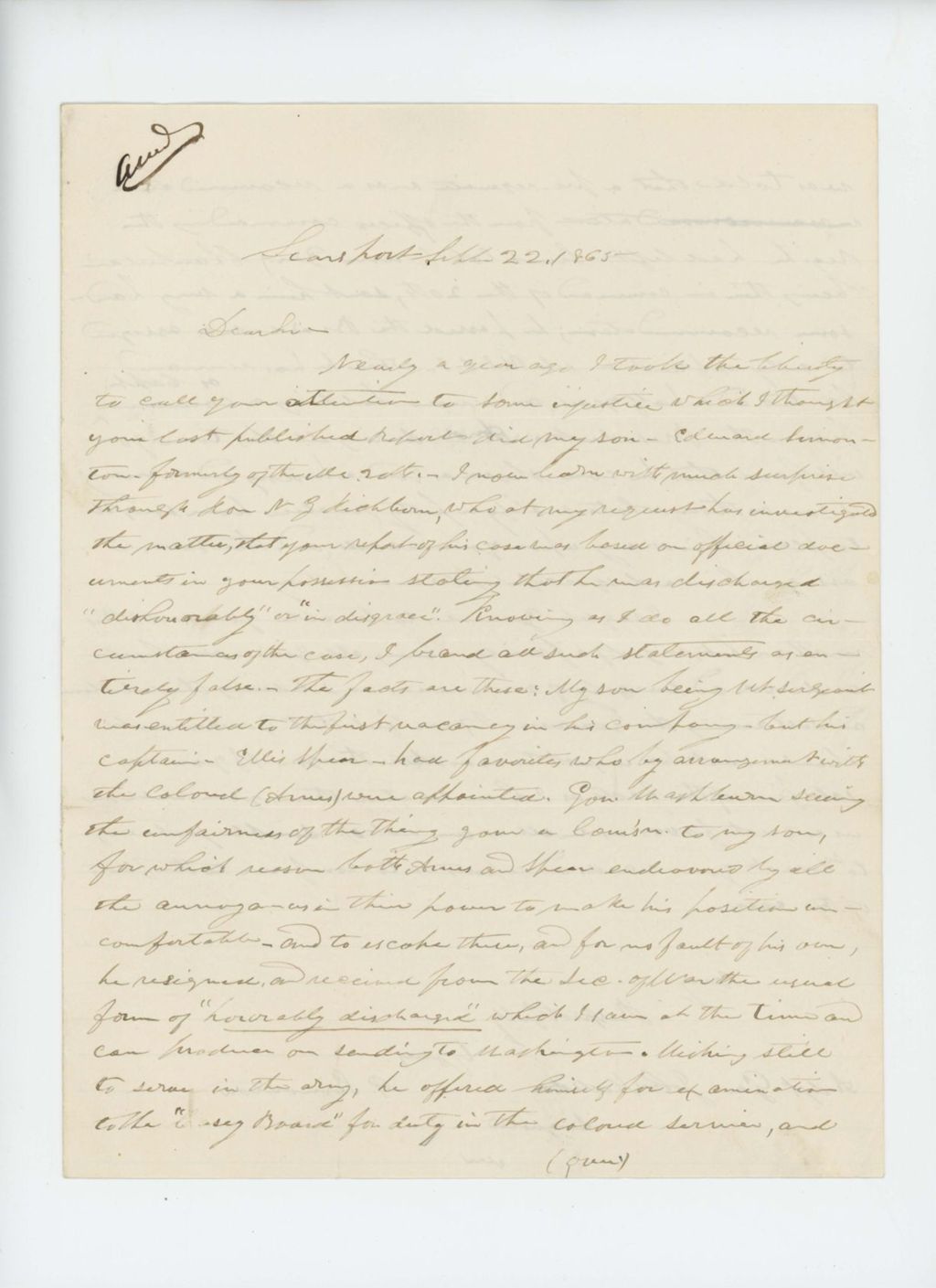 Miniature of P.Simonton writes Adjutant General Hodsdon regarding his son Edward Simonton
