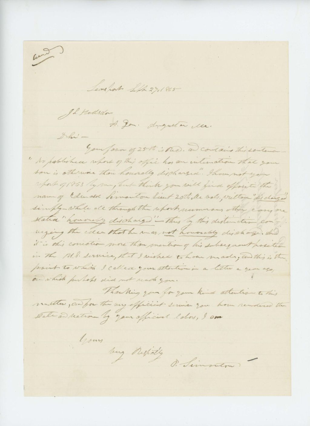 Miniature of P. Simonton argues that his son Edward was not dishonorably discharged
