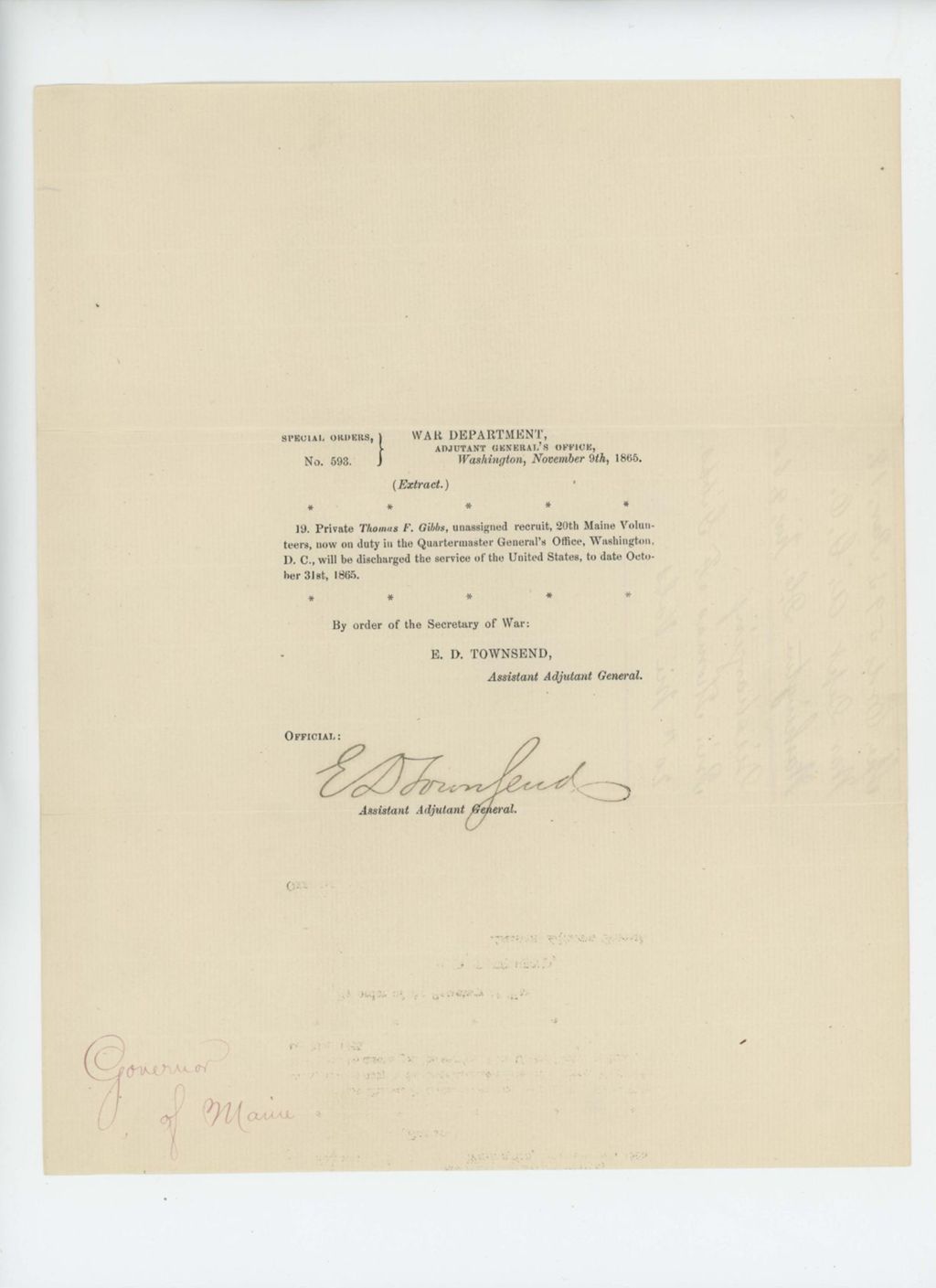 Miniature of Special Order 593 discharging Private Thomas F. Gibbs from service